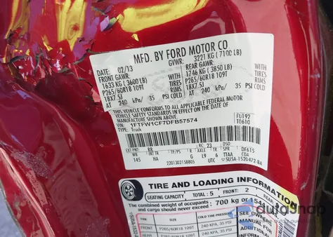 2013 Ford F-150 Lariat from USA, damaged, VIN 1FTFW1CF7DFB57574